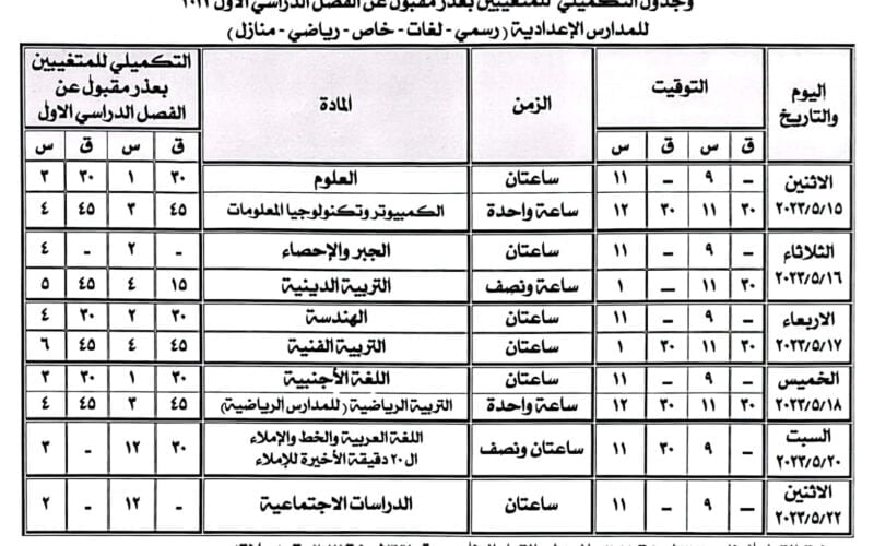 17 يناير بالقاهرة .. جدول امتحان الشهادة الإعدادية 2024 في جميع محافظات مصر
