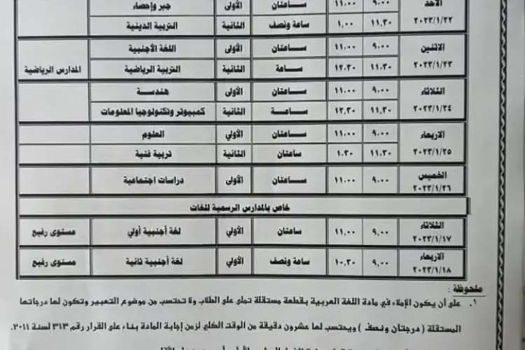 جدول امتحانات الصف الثالث الإعدادي