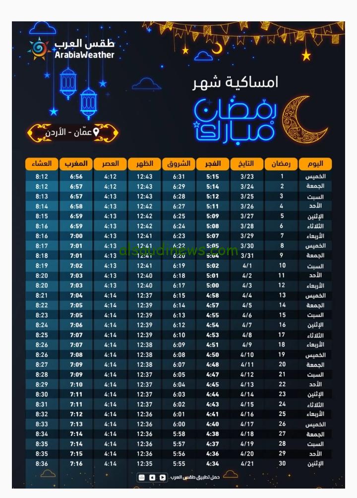 امساكية شهر رمضان الاردن 2024 وعدد ساعات الصيام في شهر رمضان المبارك