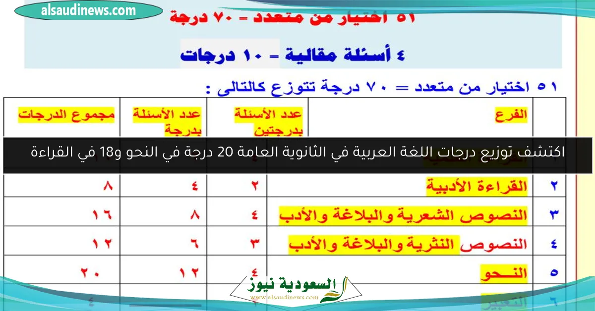 اكتشف توزيع درجات اللغة العربية في الثانوية العامة 20 درجة في النحو و18 في القراءة