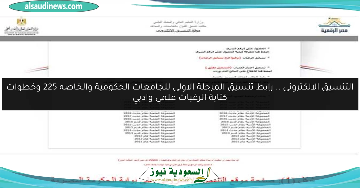التنسيق الالكترونى .. رابط تنسيق المرحلة الاولى للجامعات الحكومية والخاصه 225 وخطوات كتابة الرغبات علمي وادبي