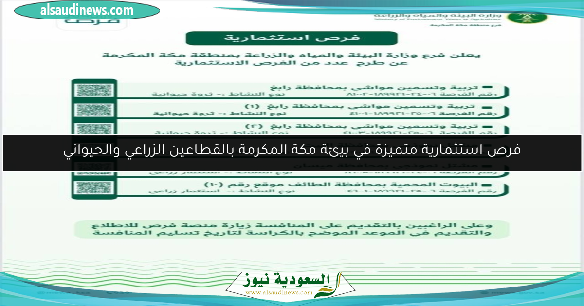 فرص استثمارية متميزة في بيئة مكة المكرمة بالقطاعين الزراعي والحيواني