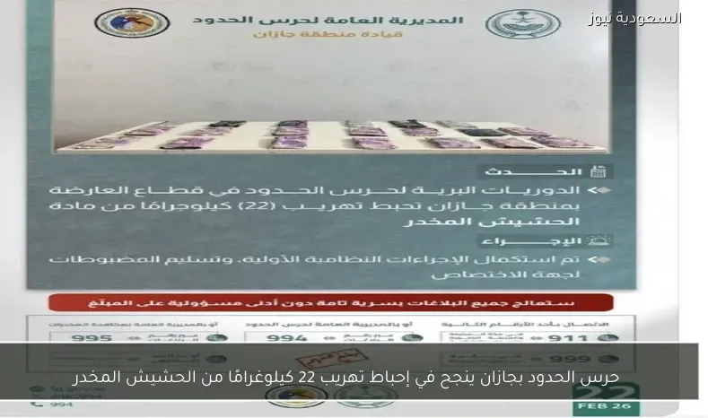 حرس الحدود بجازان ينجح في إحباط تهريب 22 كيلوغرامًا من الحشيش المخدر