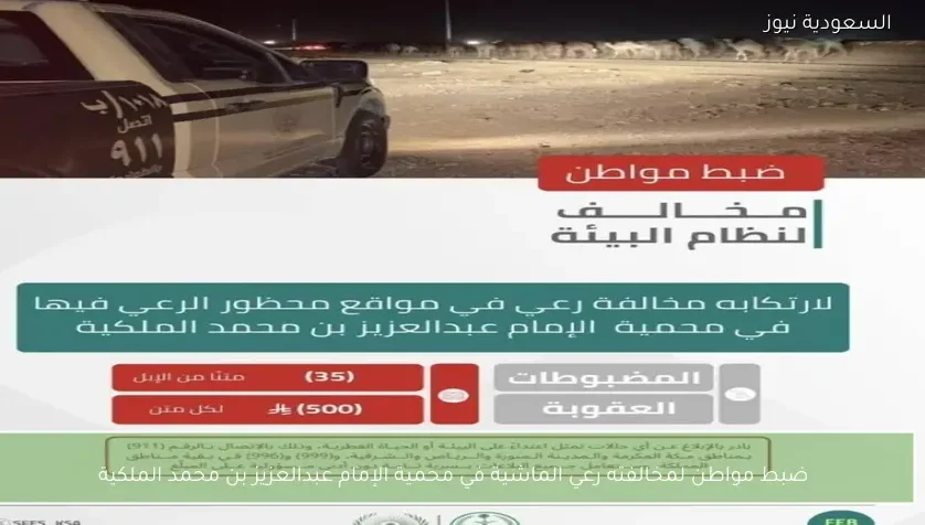 ضبط مواطن لمخالفته رعي الماشية في محمية الإمام عبدالعزيز بن محمد الملكية